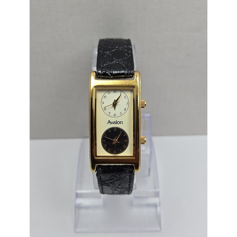 Vintage Avalon Dual Time 22mm Tank Gold Tone Leather Dress Watch New Battery